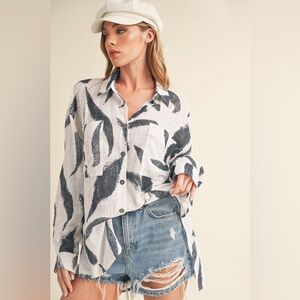 Aemi + Co High-Low Printed Button Up Long Sleeve Shirt